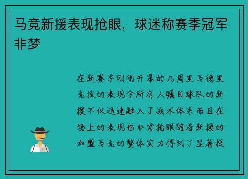 马竞新援表现抢眼，球迷称赛季冠军非梦