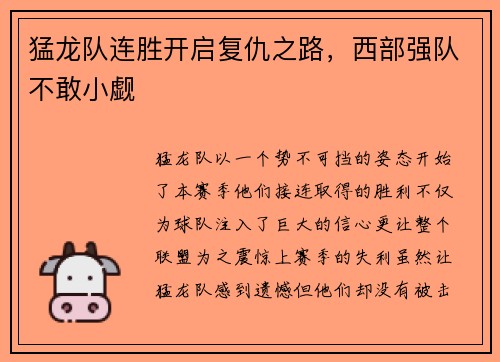 猛龙队连胜开启复仇之路，西部强队不敢小觑